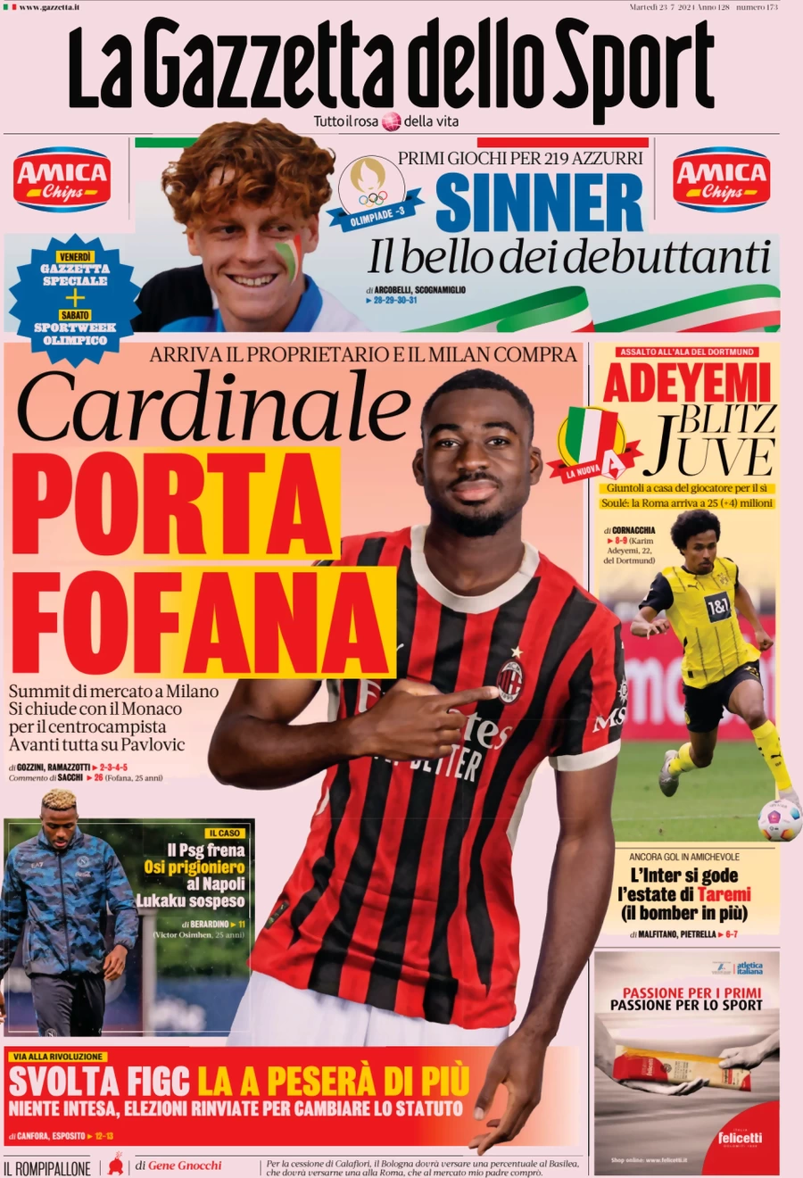 anteprima della prima pagina di la-gazzetta-dello-sport del 23/07/2024