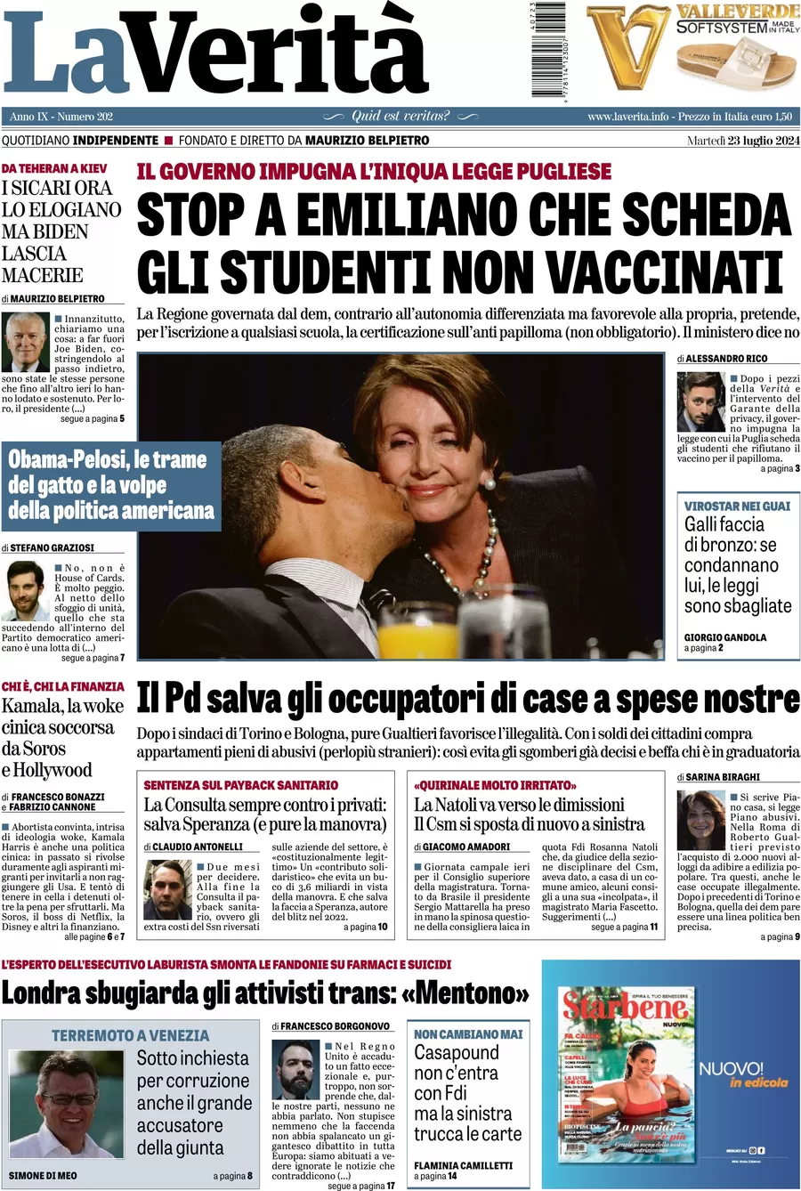 anteprima della prima pagina di la-verit del 23/07/2024