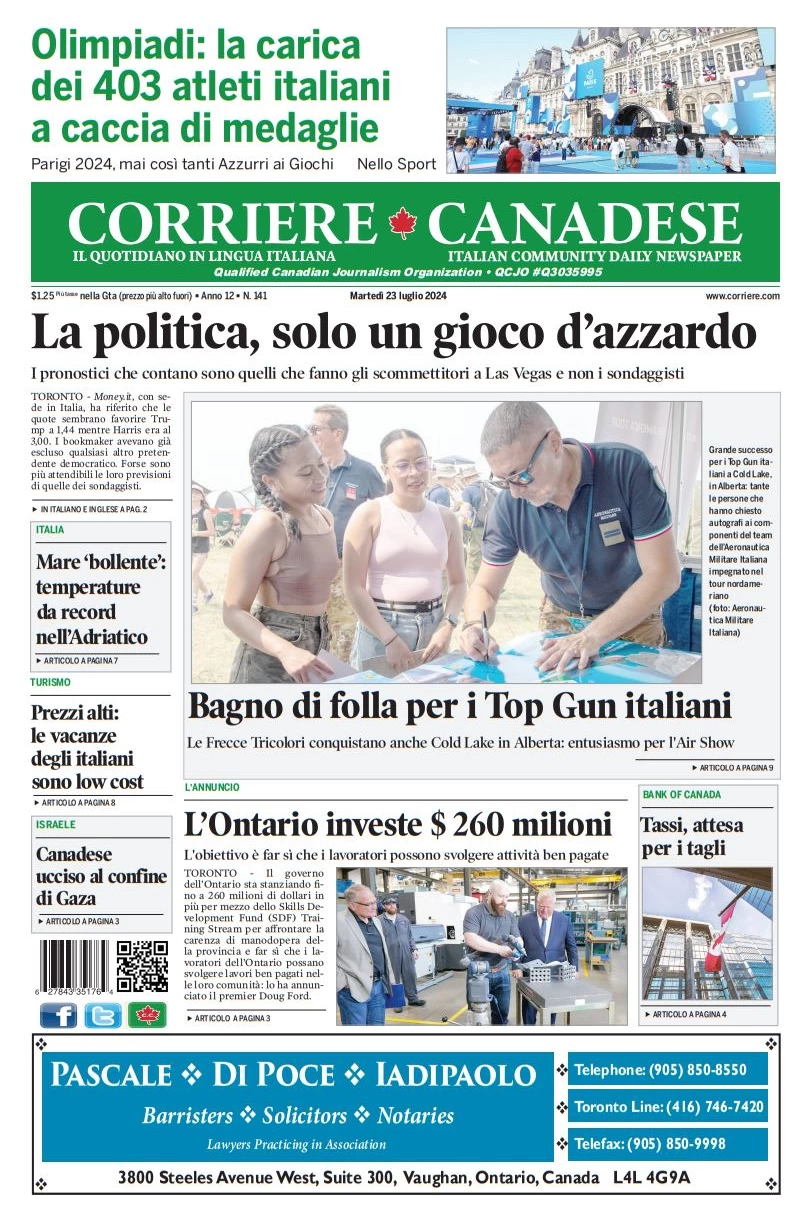 anteprima della prima pagina di corriere-canadese del 23/07/2024
