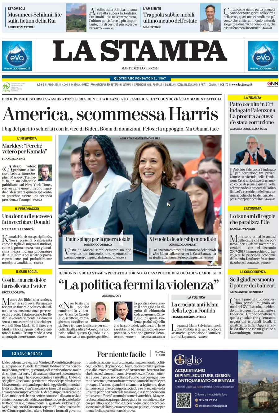 anteprima della prima pagina di la-stampa del 23/07/2024
