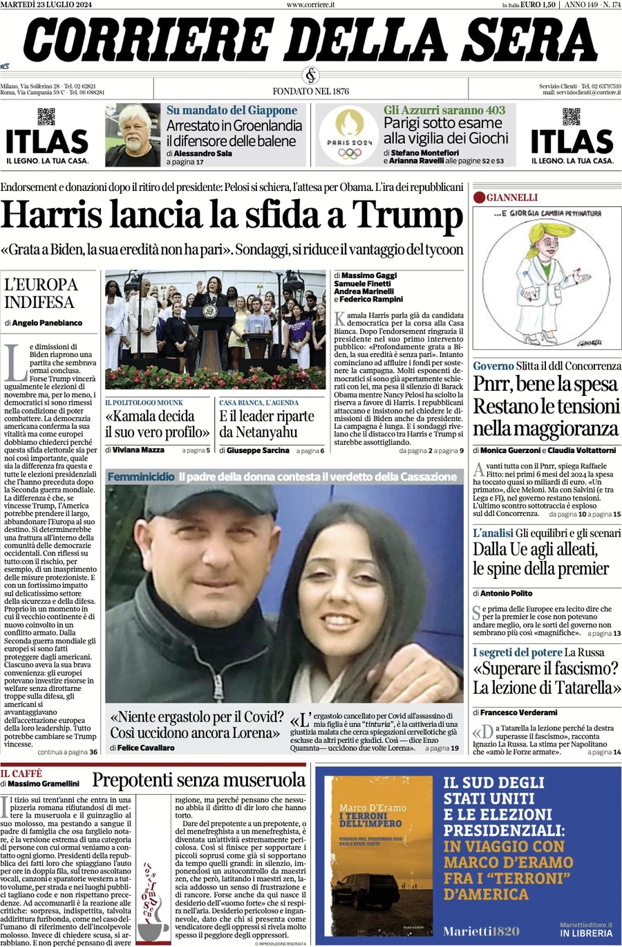 anteprima della prima pagina di corriere-della-sera del 23/07/2024