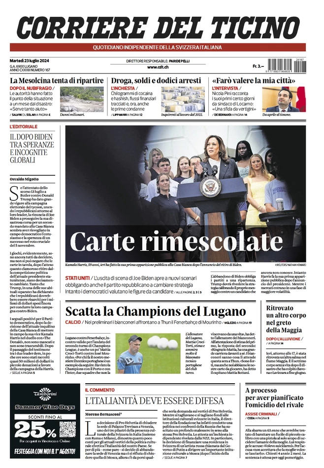 anteprima della prima pagina di corriere-del-ticino del 23/07/2024