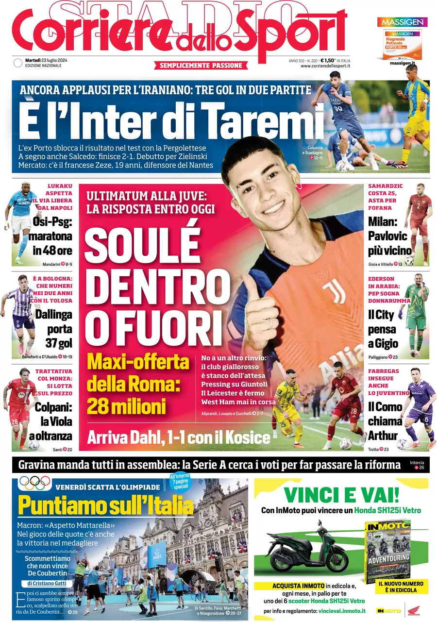 anteprima della prima pagina di corriere-dello-sport del 23/07/2024