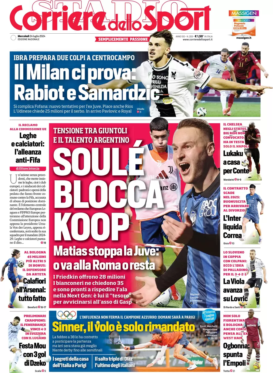 anteprima della prima pagina di corriere-dello-sport del 24/07/2024