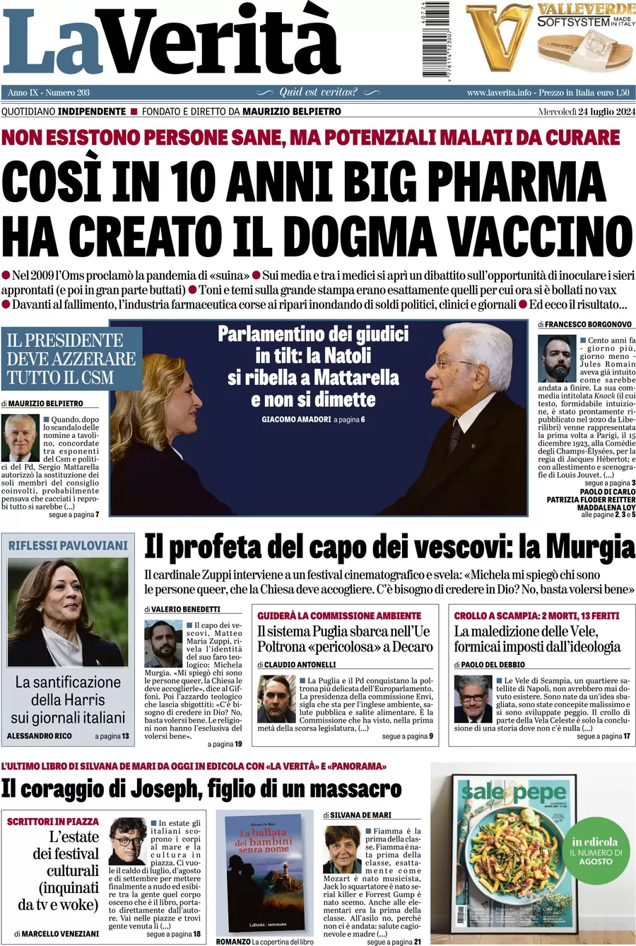 anteprima della prima pagina di la-verit del 24/07/2024