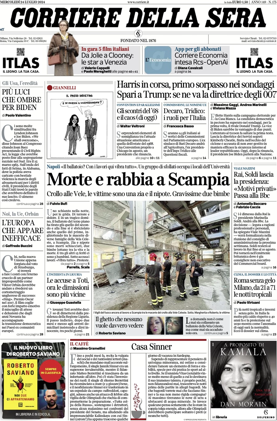 anteprima della prima pagina di corriere-della-sera del 24/07/2024