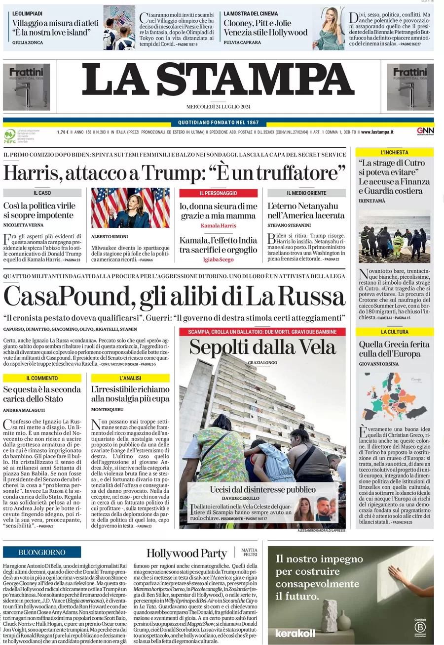 anteprima della prima pagina di la-stampa del 24/07/2024