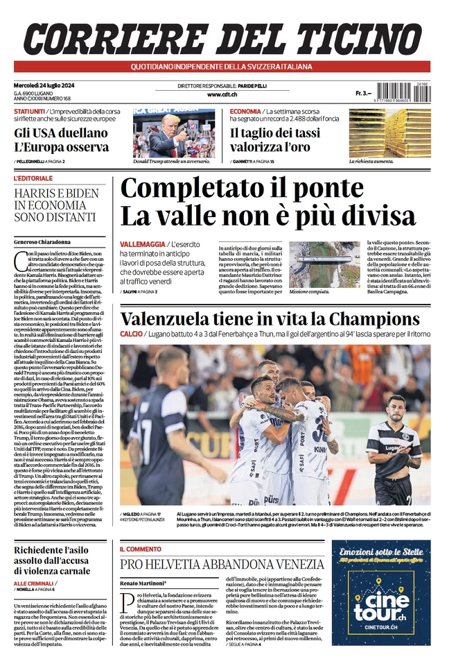 anteprima della prima pagina di corriere-del-ticino del 24/07/2024