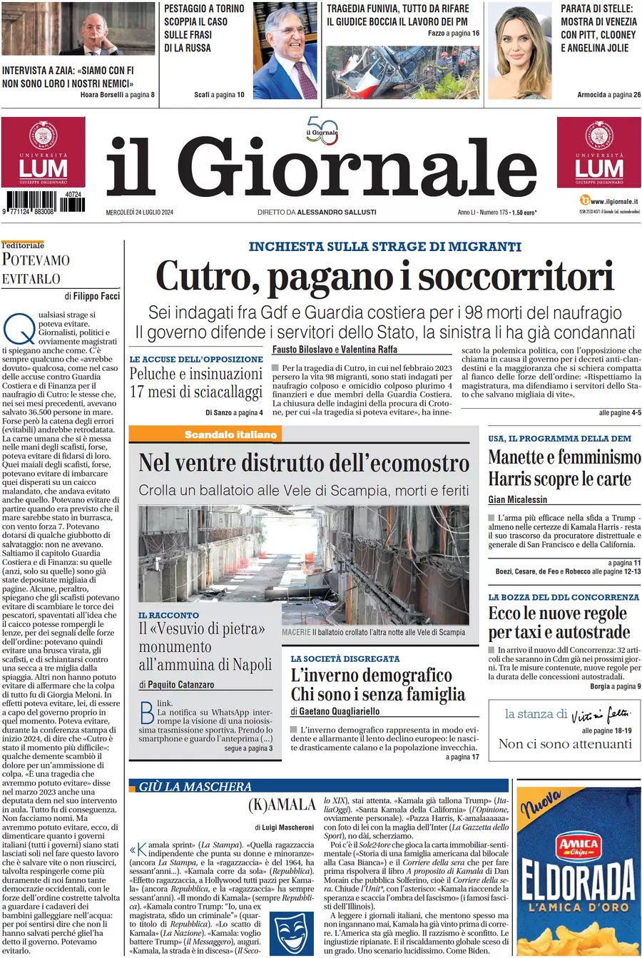 anteprima della prima pagina di il-giornale del 24/07/2024