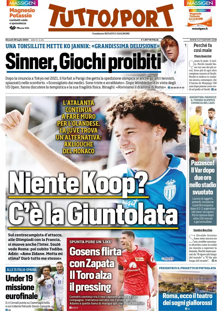 anteprima della prima pagina di tuttosport del 25/07/2024