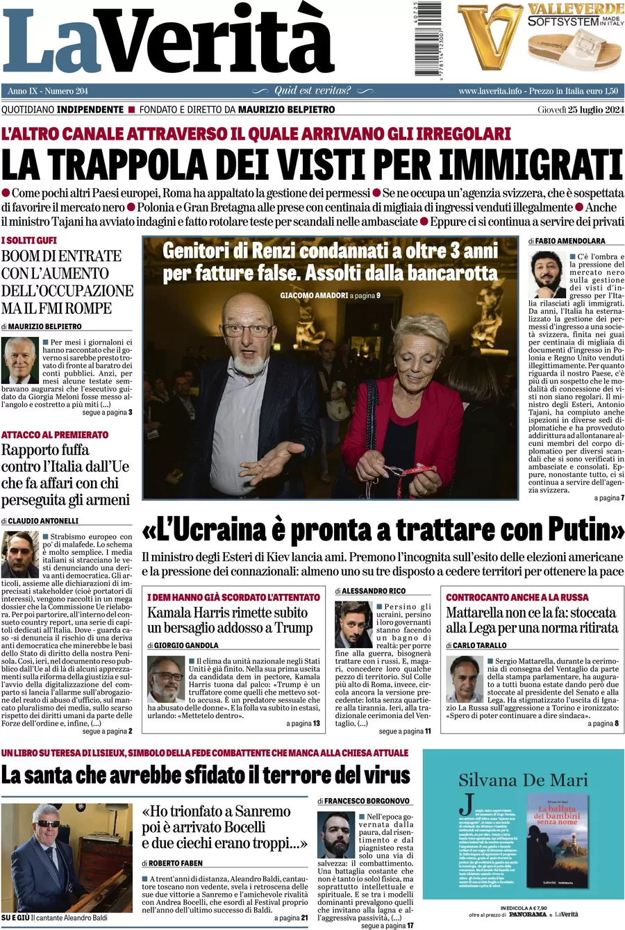 anteprima della prima pagina di la-verit del 25/07/2024
