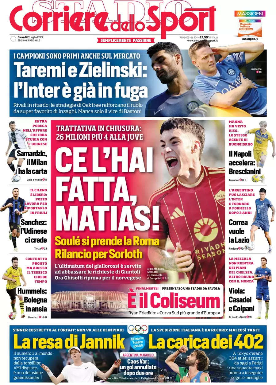 anteprima della prima pagina di corriere-dello-sport del 25/07/2024
