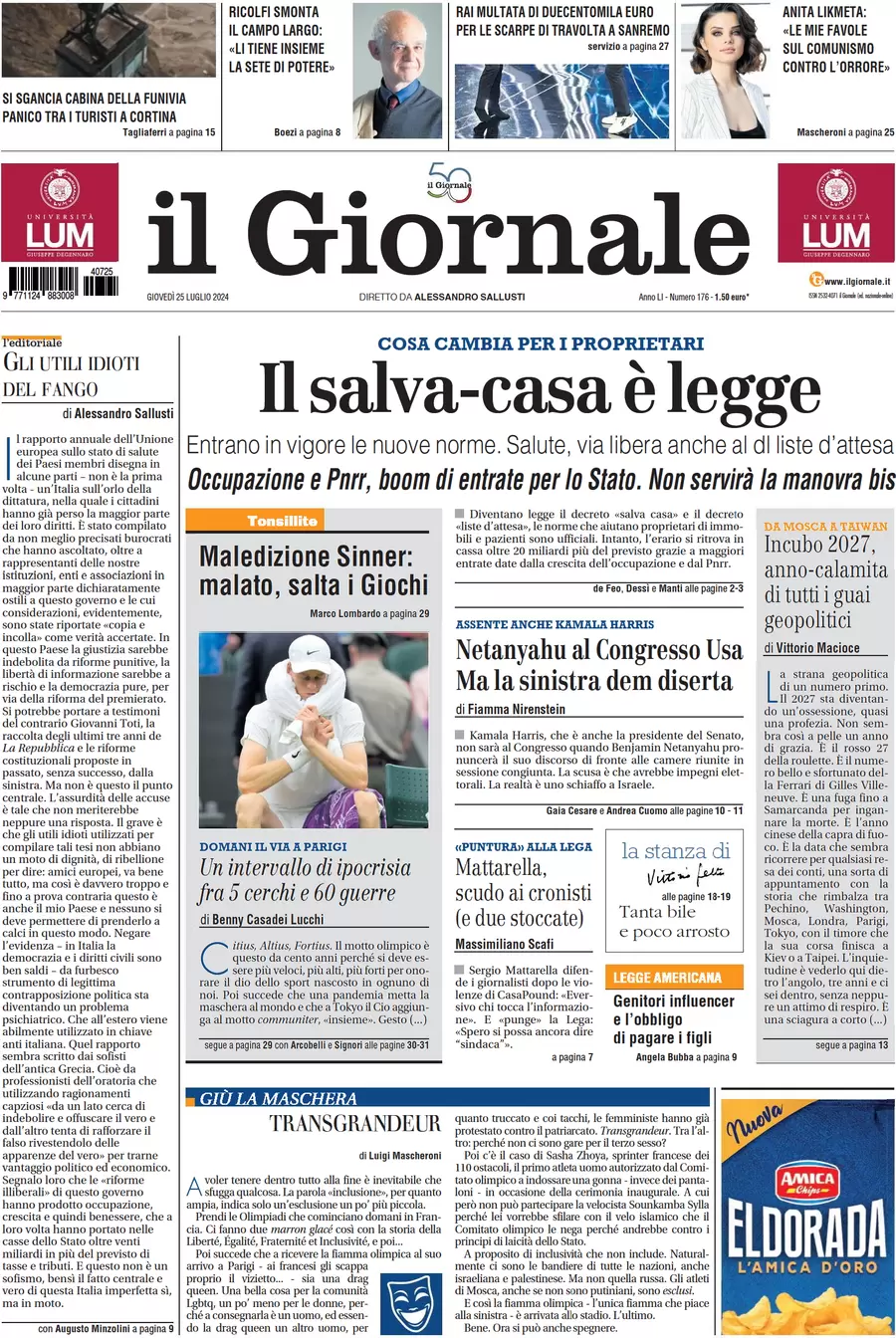 anteprima della prima pagina di il-giornale del 25/07/2024