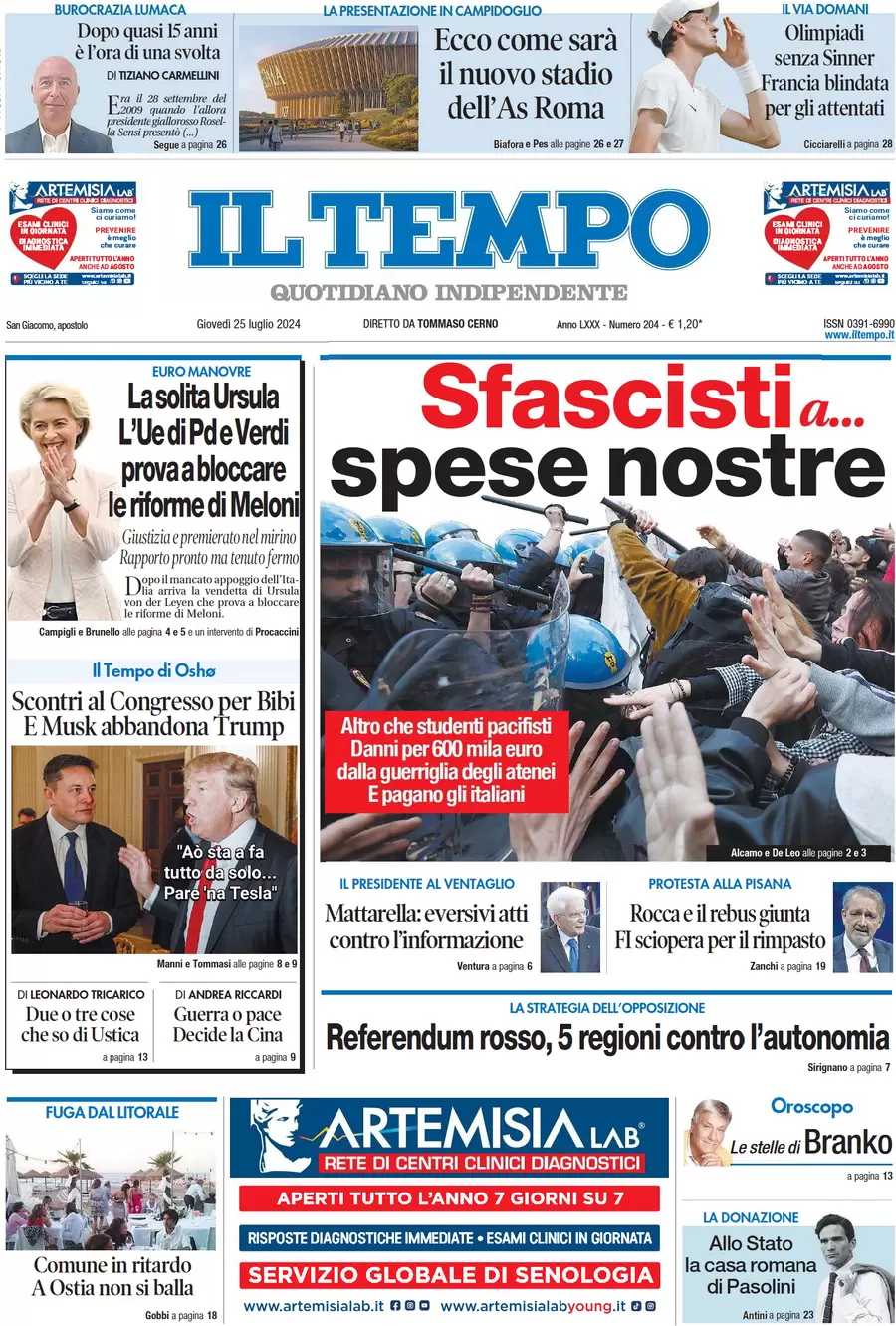 anteprima della prima pagina di il-tempo del 25/07/2024