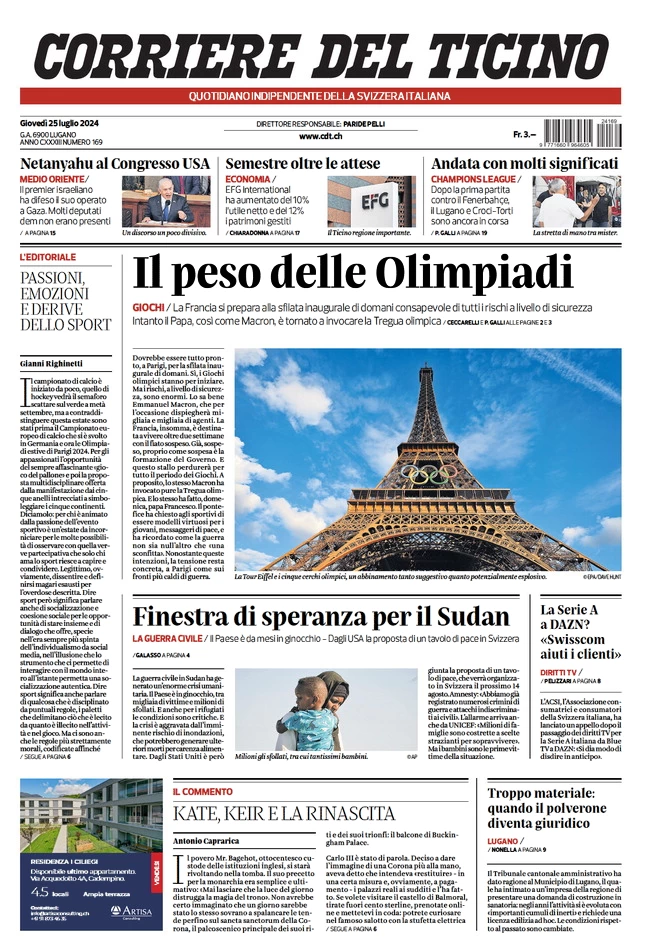 anteprima della prima pagina di corriere-del-ticino del 25/07/2024