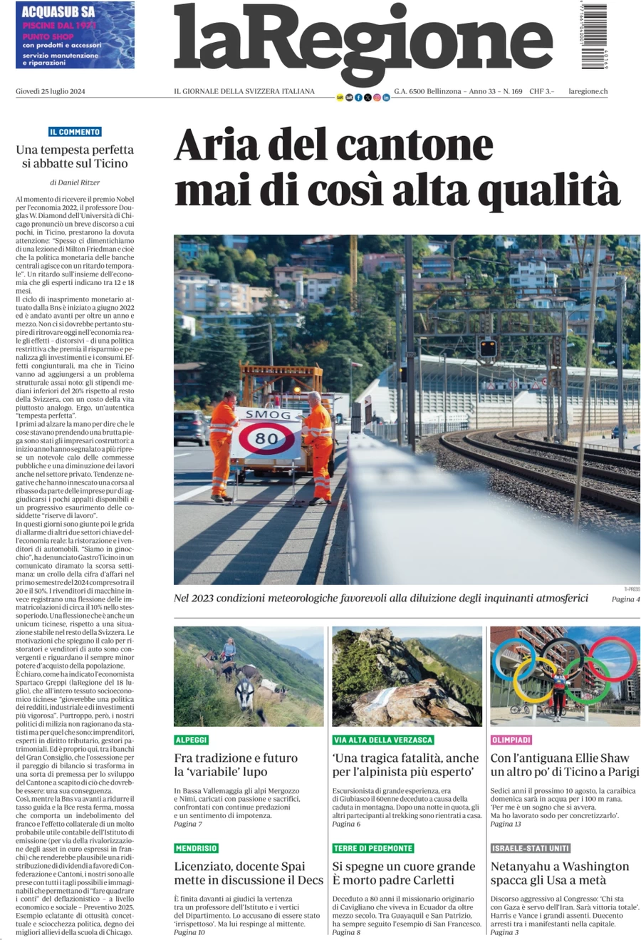 anteprima della prima pagina di la-regione del 25/07/2024