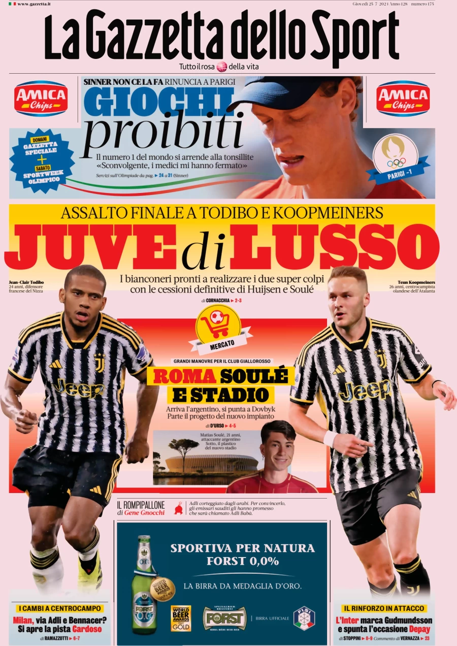 anteprima della prima pagina di la-gazzetta-dello-sport del 25/07/2024