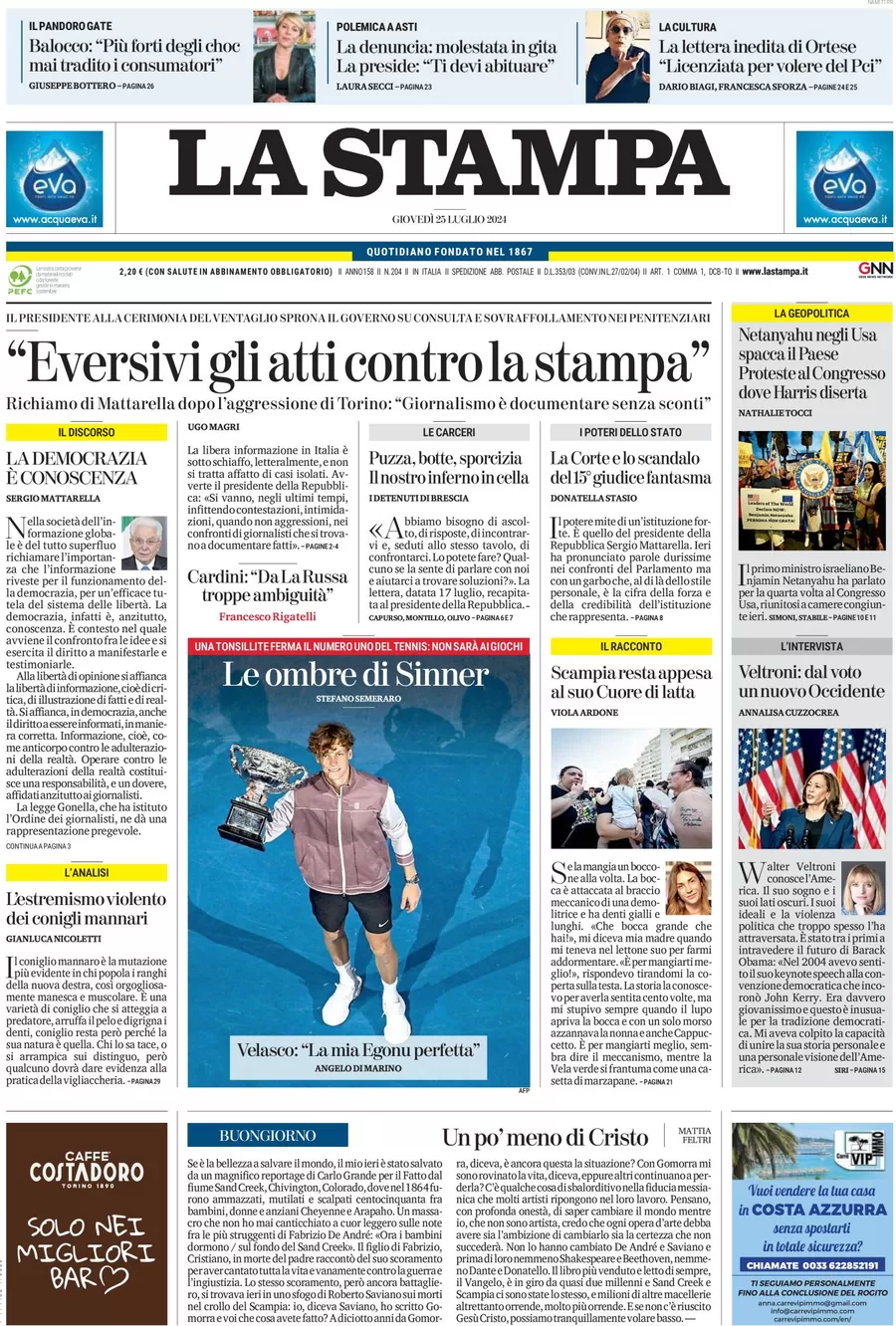 anteprima della prima pagina di la-stampa del 25/07/2024