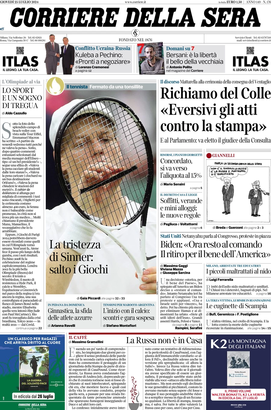 anteprima della prima pagina di corriere-della-sera del 25/07/2024