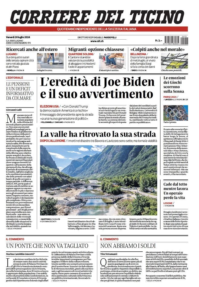 anteprima della prima pagina di corriere-del-ticino del 26/07/2024