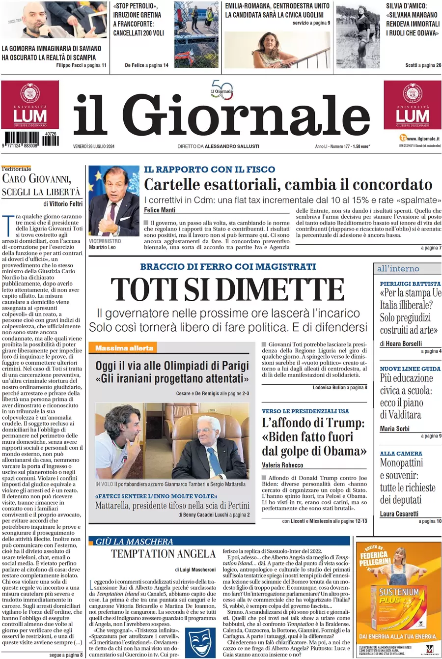 anteprima della prima pagina di il-giornale del 26/07/2024