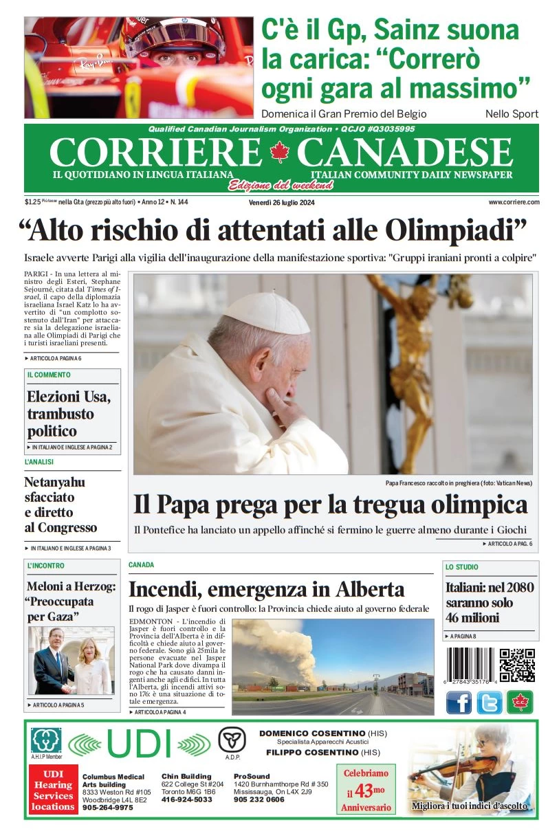anteprima della prima pagina di corriere-canadese del 26/07/2024