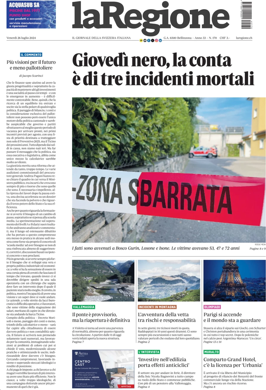 anteprima della prima pagina di la-regione del 26/07/2024