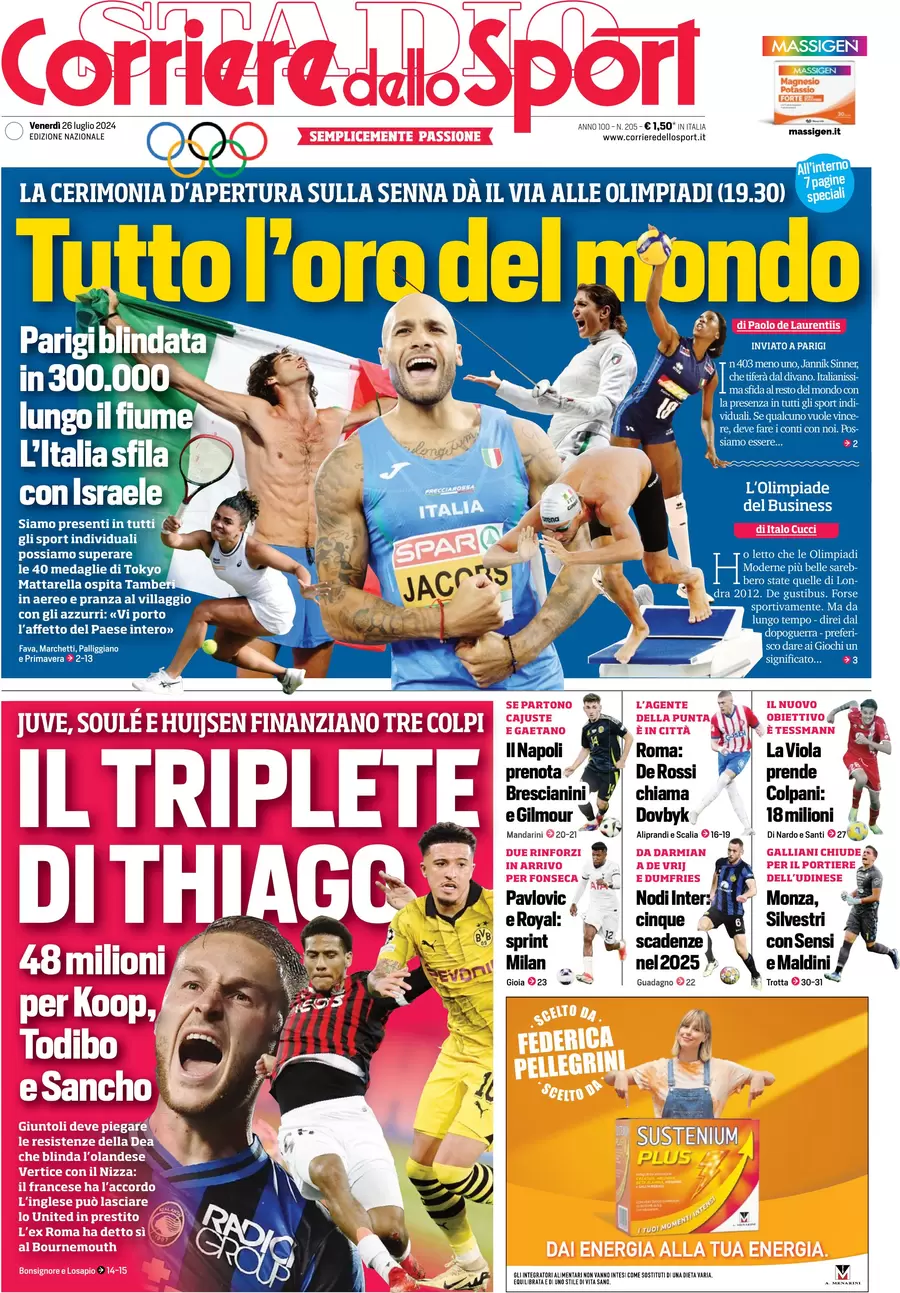 anteprima della prima pagina di corriere-dello-sport del 26/07/2024