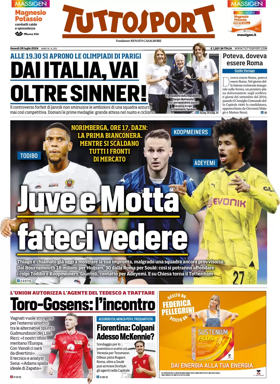 anteprima della prima pagina di tuttosport del 26/07/2024