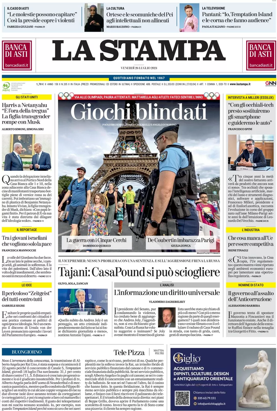anteprima della prima pagina di la-stampa del 26/07/2024