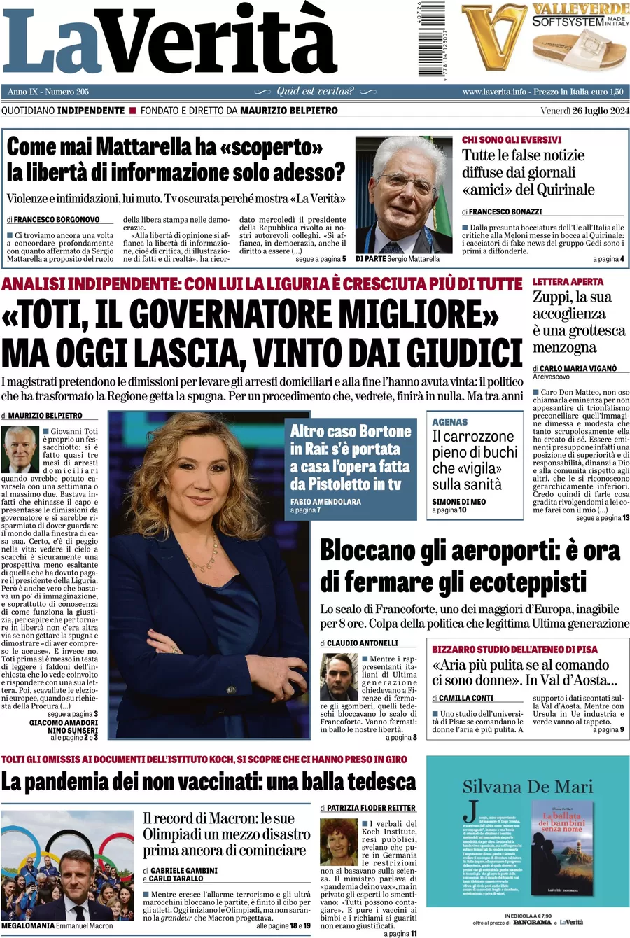 anteprima della prima pagina di la-verit del 26/07/2024