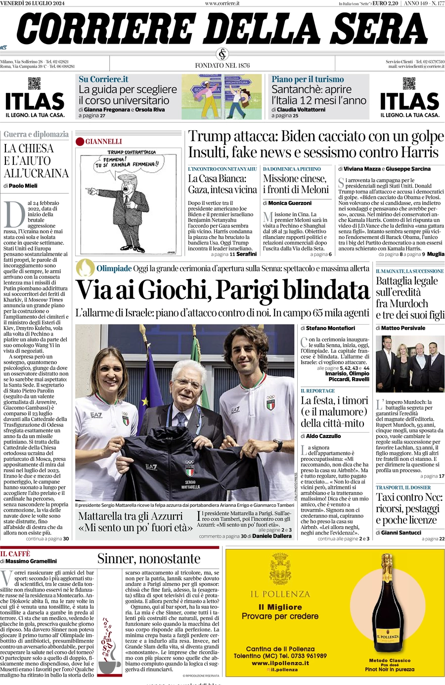 anteprima della prima pagina di corriere-della-sera del 26/07/2024