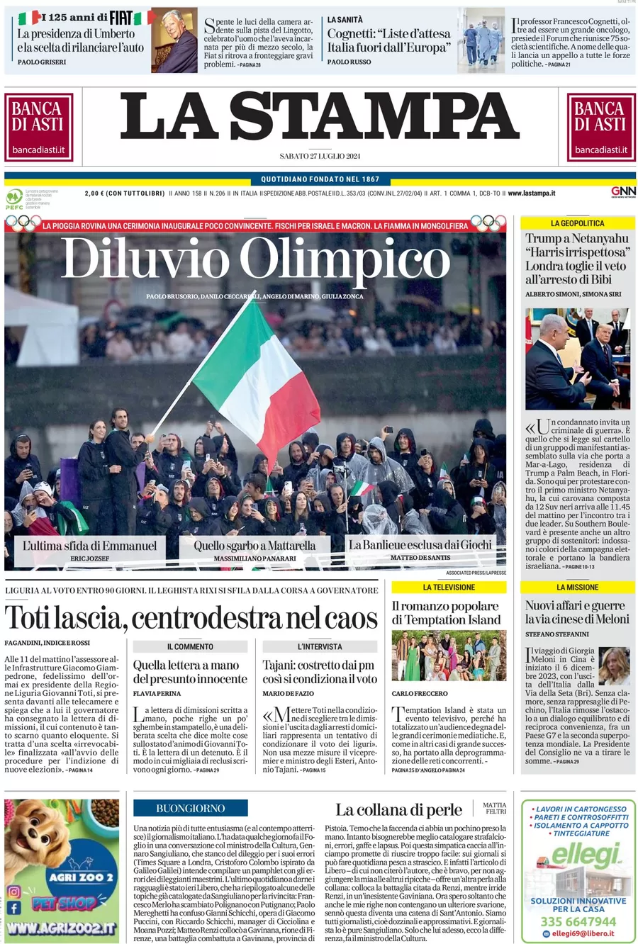 anteprima della prima pagina di la-stampa del 27/07/2024