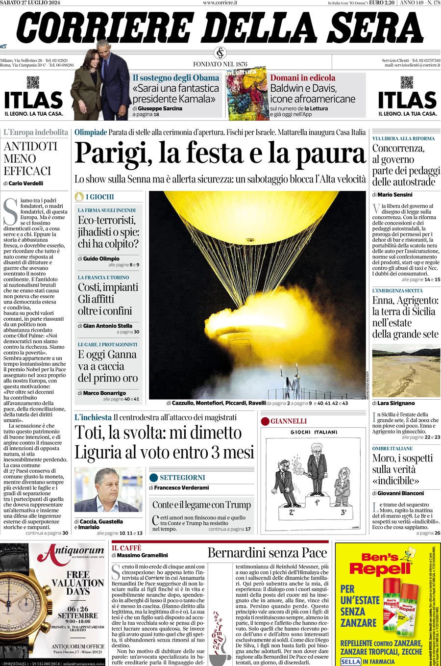 anteprima della prima pagina di corriere-della-sera del 27/07/2024