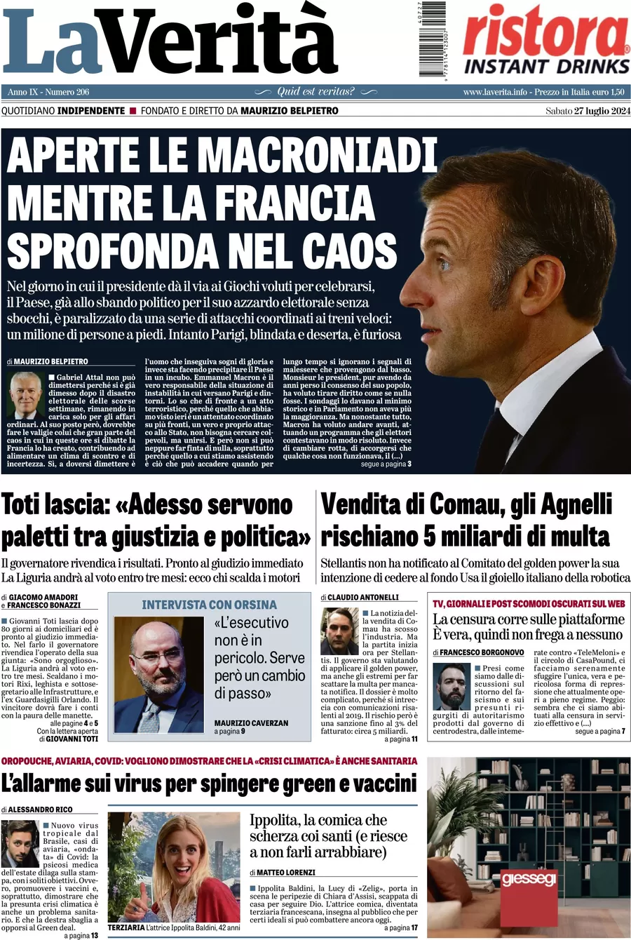 anteprima della prima pagina di la-verit del 27/07/2024