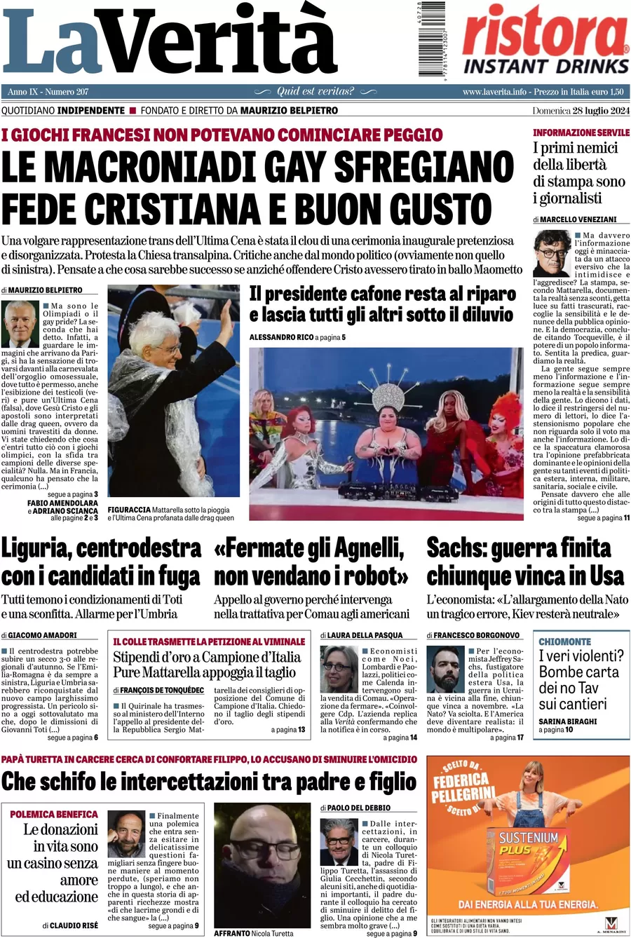 anteprima della prima pagina di la-verit del 28/07/2024