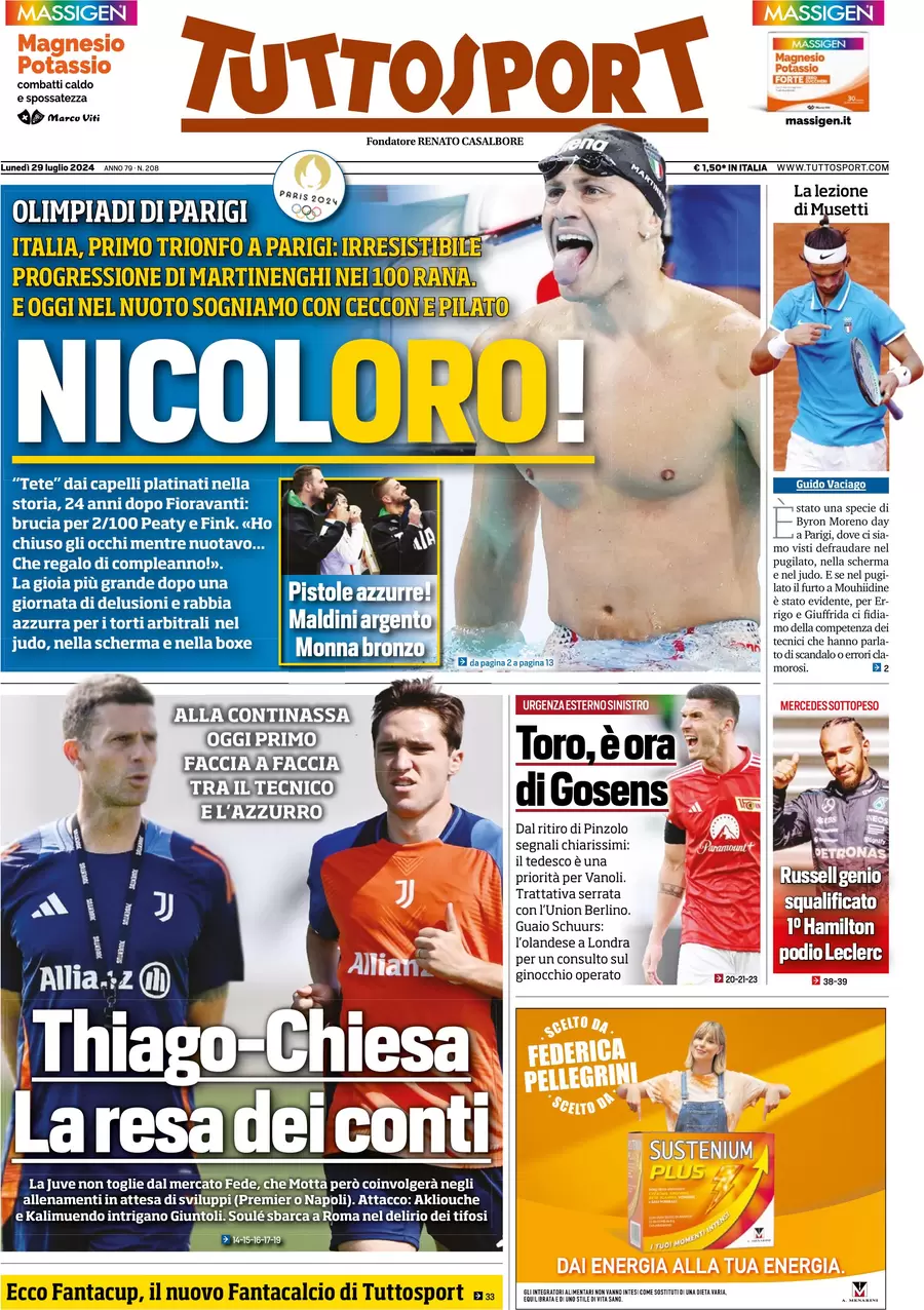 anteprima della prima pagina di tuttosport del 29/07/2024