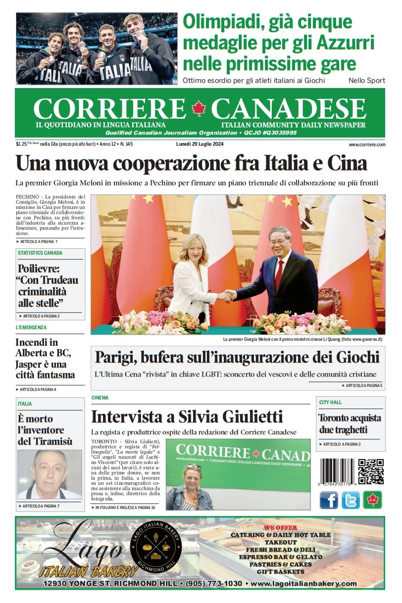 anteprima della prima pagina di corriere-canadese del 29/07/2024