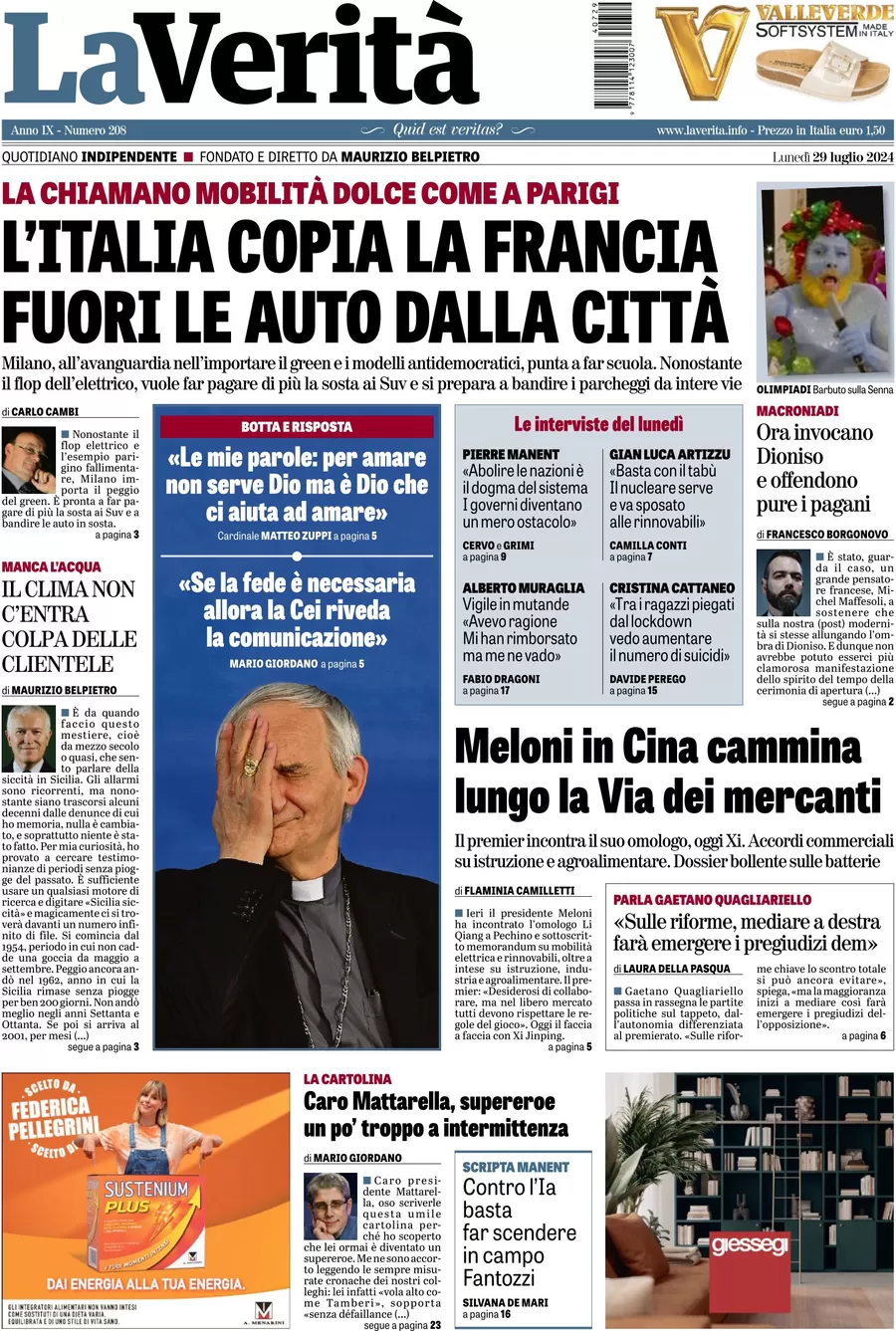 anteprima della prima pagina di la-verit del 29/07/2024