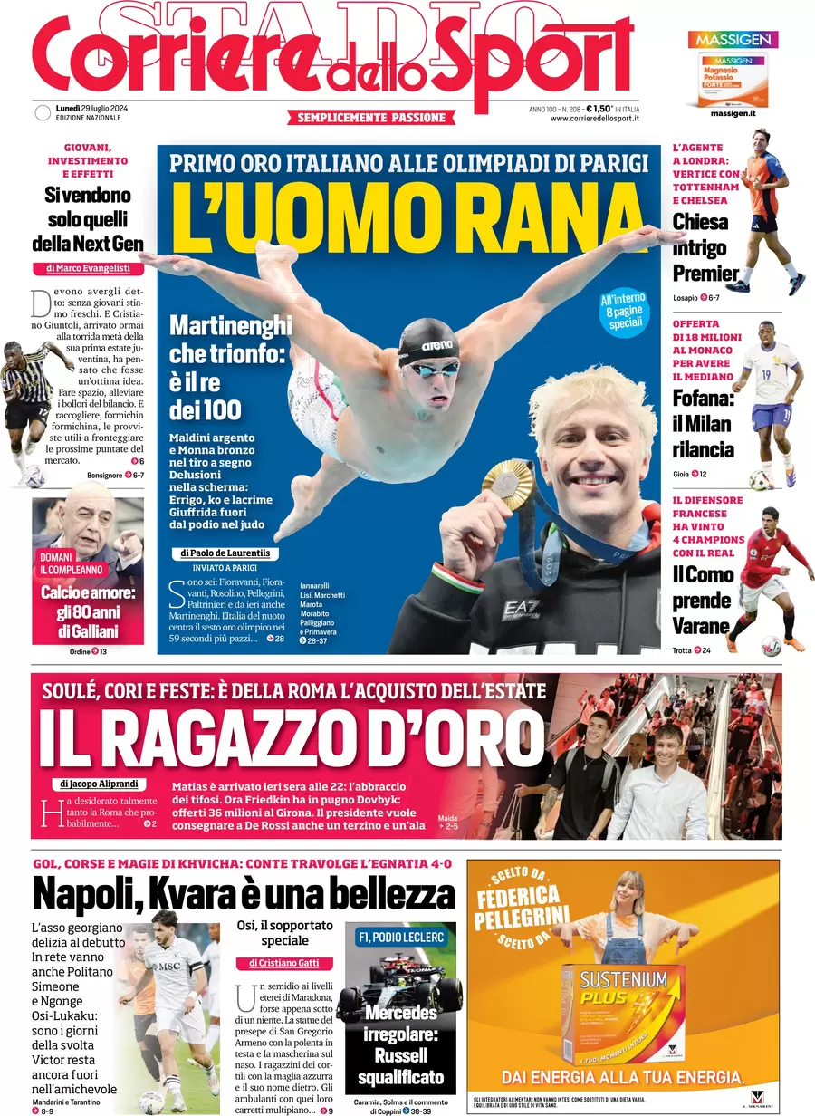 anteprima della prima pagina di corriere-dello-sport del 29/07/2024