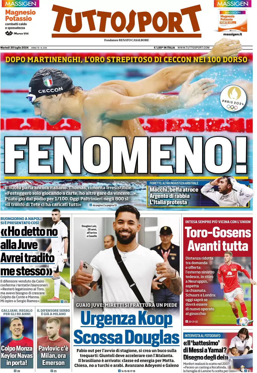anteprima della prima pagina di tuttosport del 30/07/2024