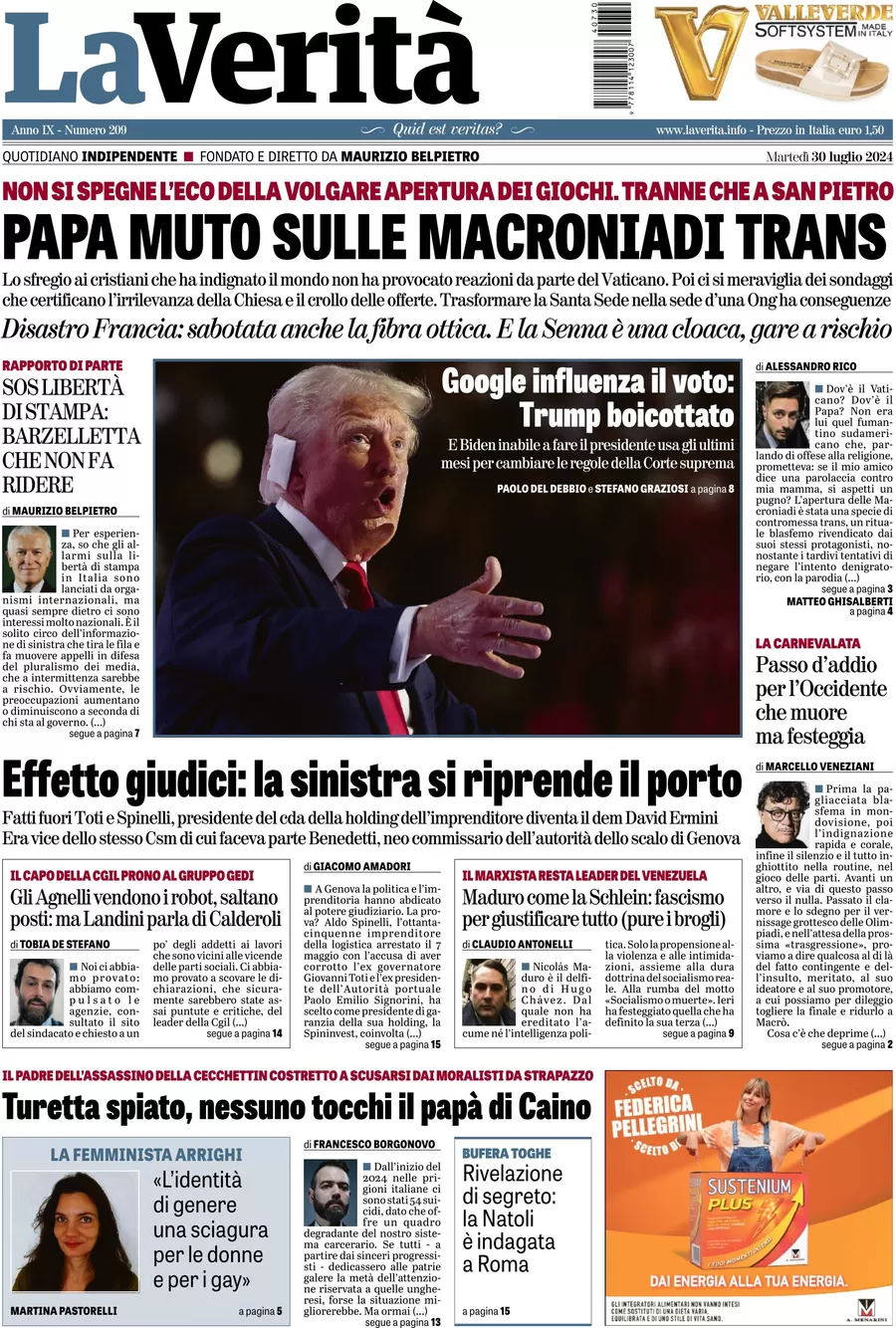anteprima della prima pagina di la-verit del 30/07/2024