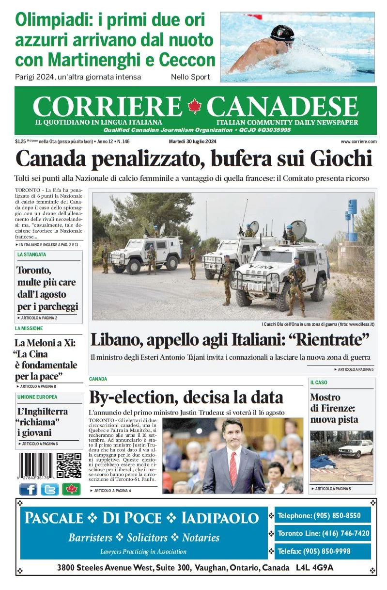 anteprima della prima pagina di corriere-canadese del 30/07/2024