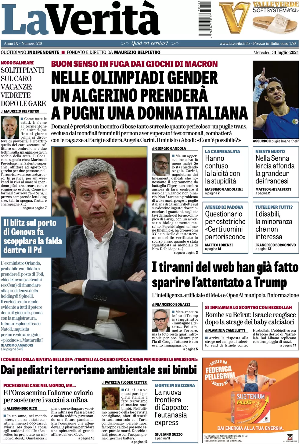 anteprima della prima pagina di la-verit del 31/07/2024