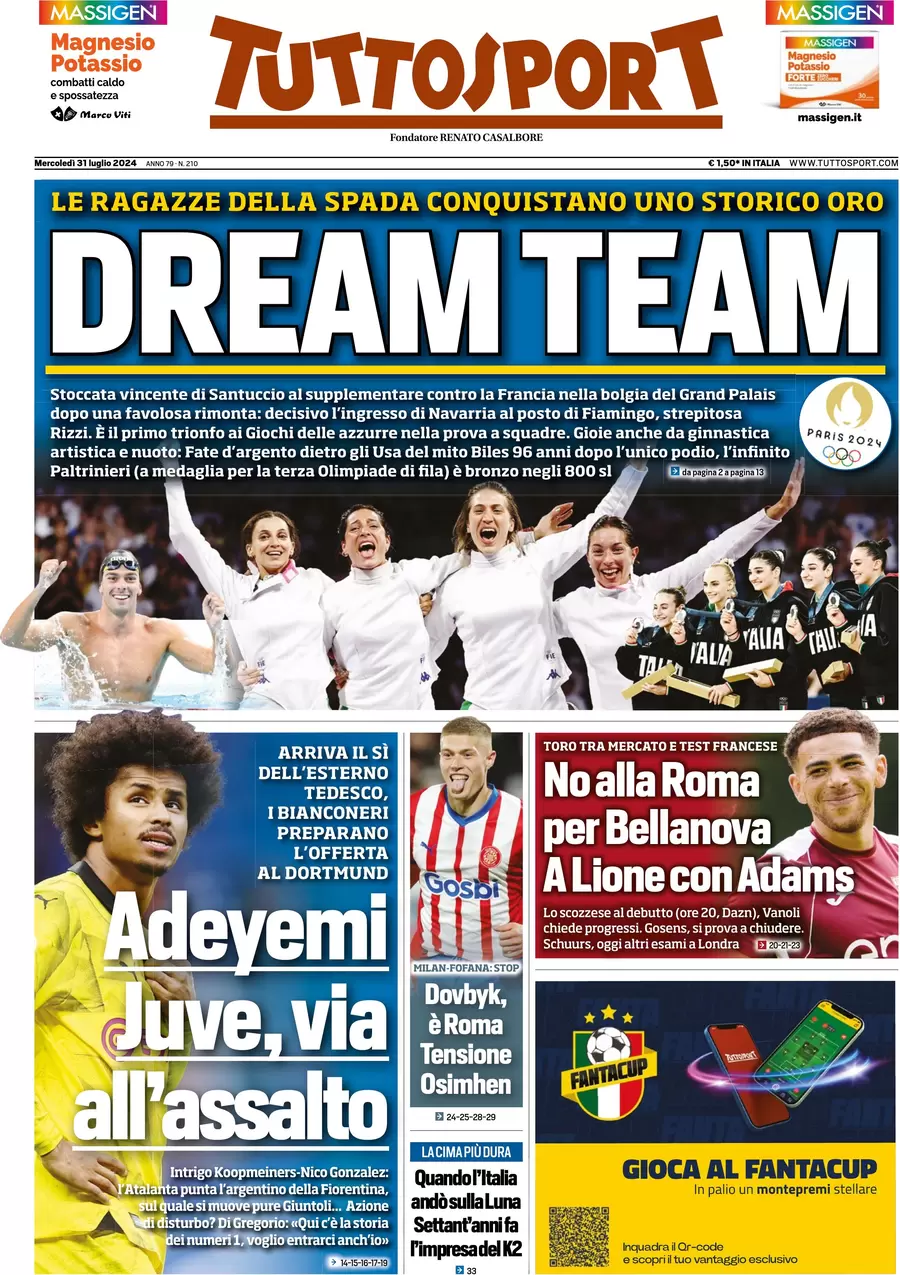 anteprima della prima pagina di tuttosport del 31/07/2024