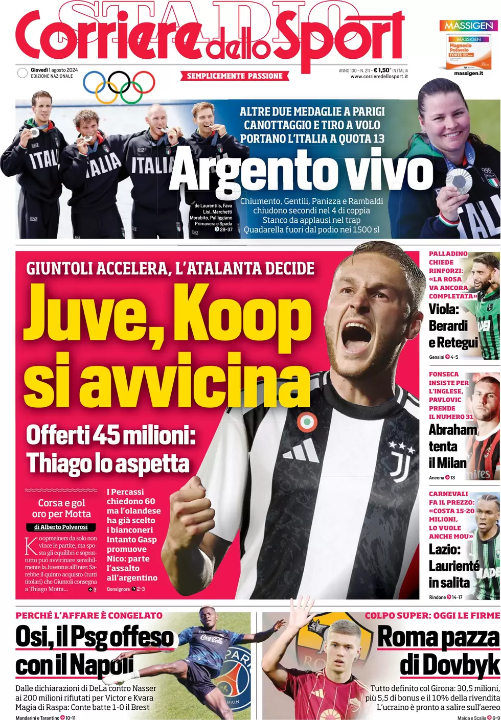 anteprima della prima pagina di corriere-dello-sport del 01/08/2024