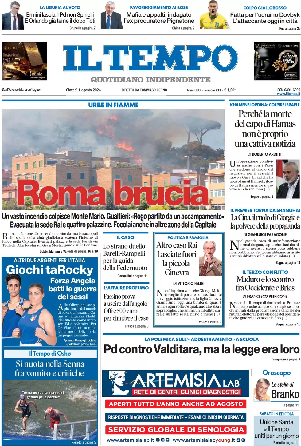 anteprima della prima pagina di il-tempo del 01/08/2024