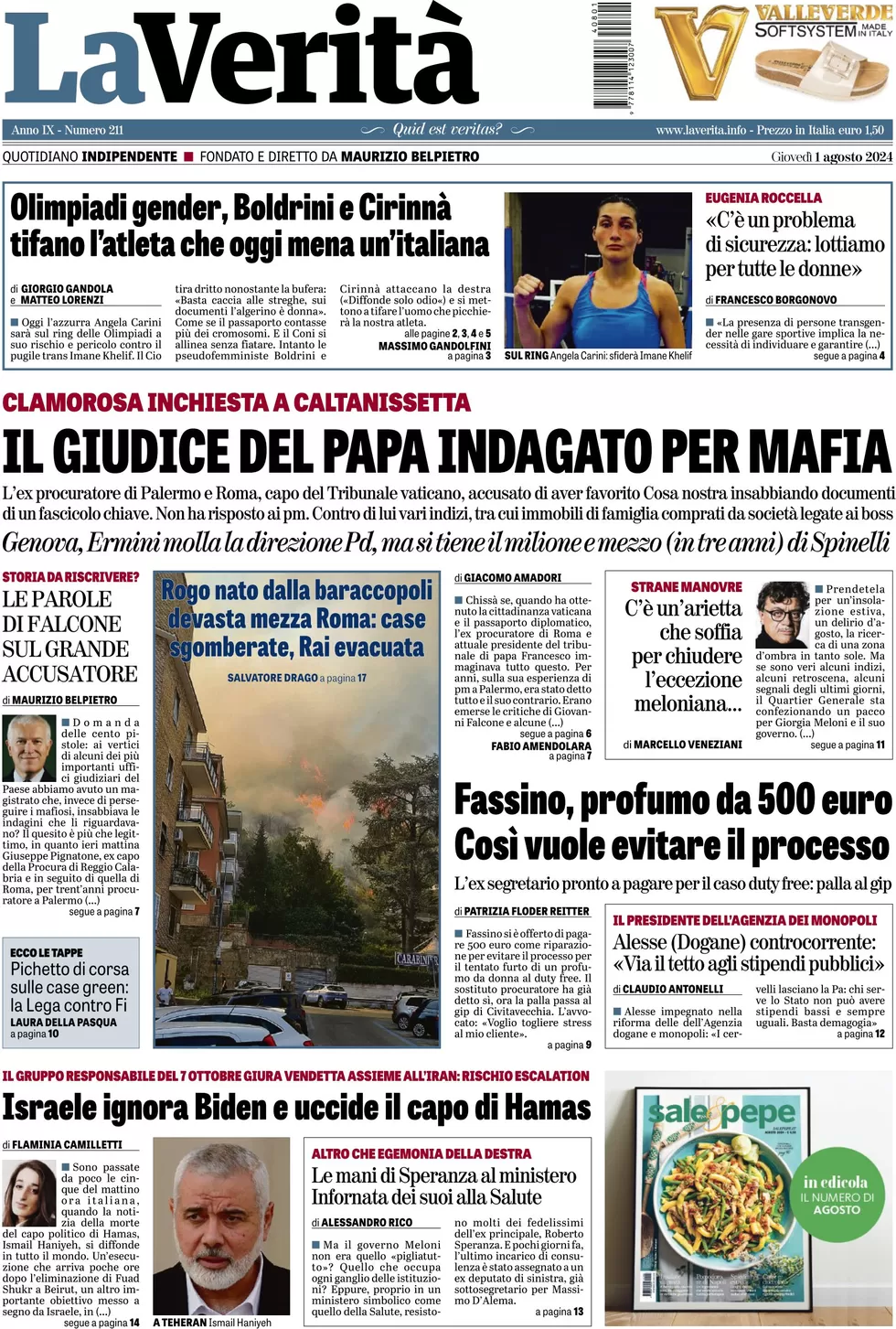 anteprima della prima pagina di la-verit del 01/08/2024