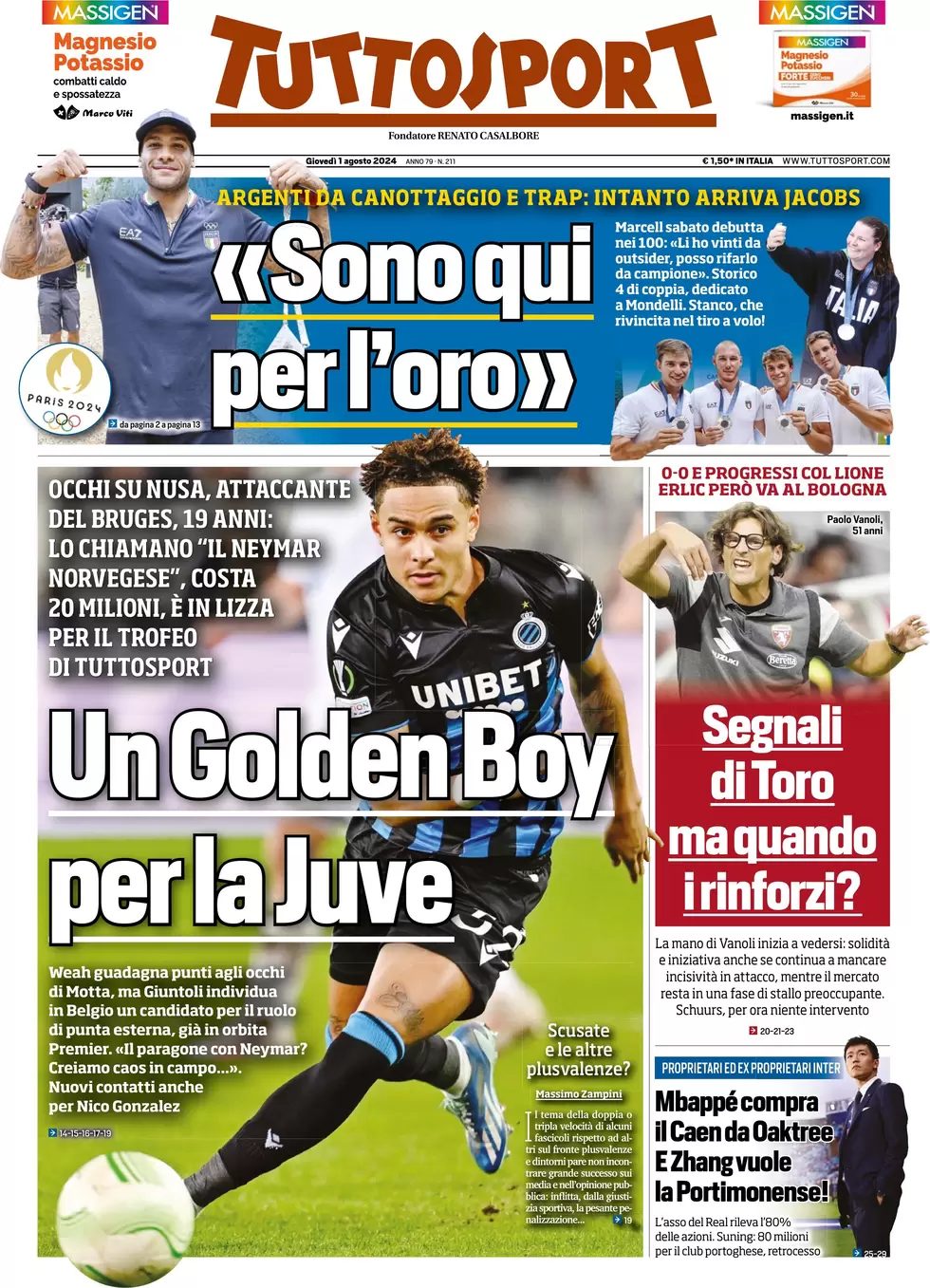 anteprima della prima pagina di tuttosport del 01/08/2024