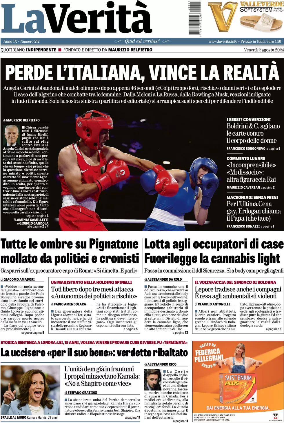 anteprima della prima pagina di la-verit del 02/08/2024
